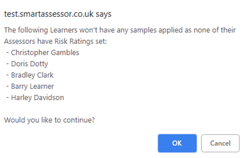 SA Warning Message showing learners with no samples applied