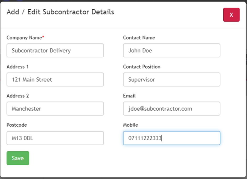 subcontractor details modal