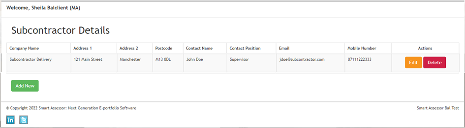 Subcontractor details table