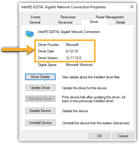 drivers tab from device manger network card showing manufacturer information