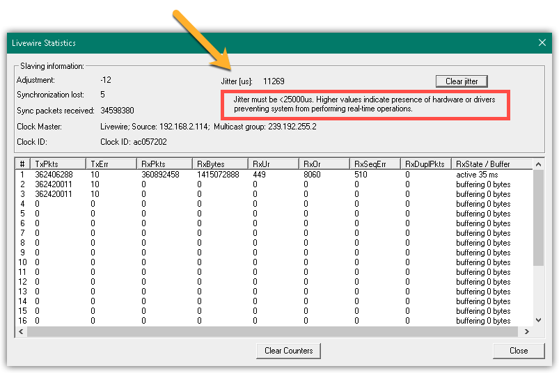 axia driver stats page showing jitter