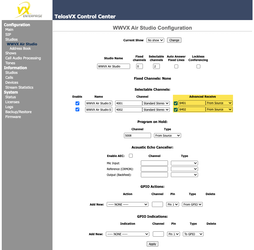 Telos VX Studio Configuration Page
