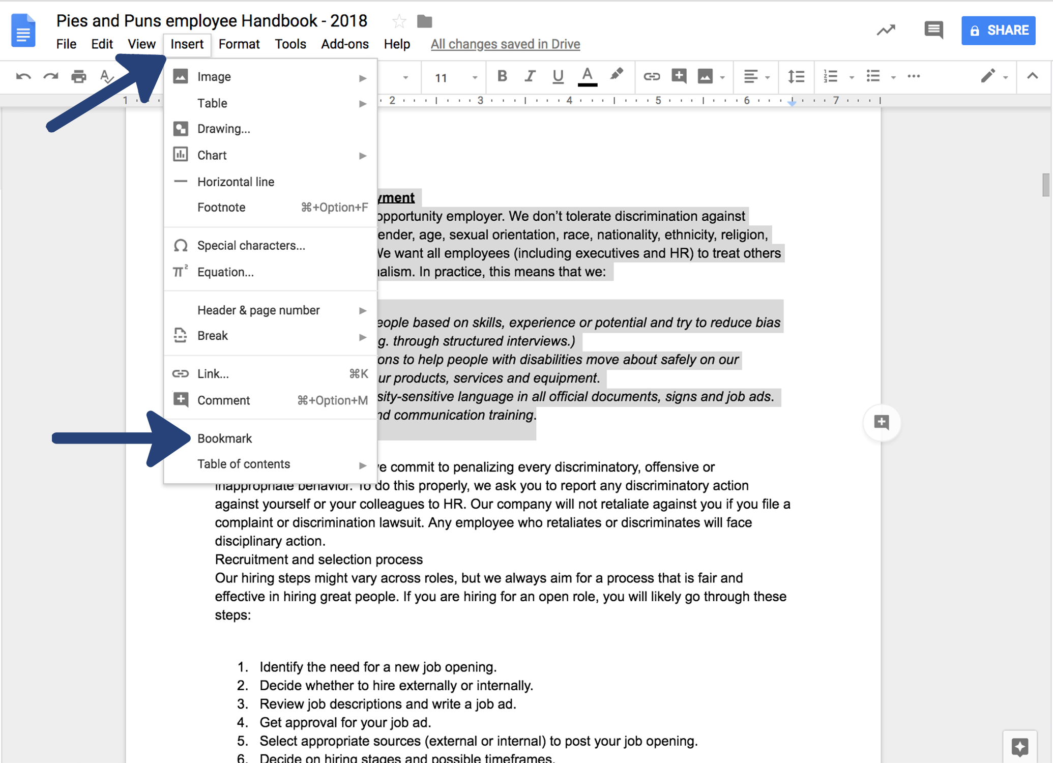 how to create a bookmark in google docs
