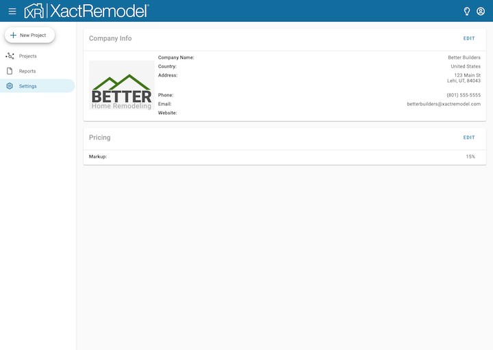 Setting company information in XactRemodel