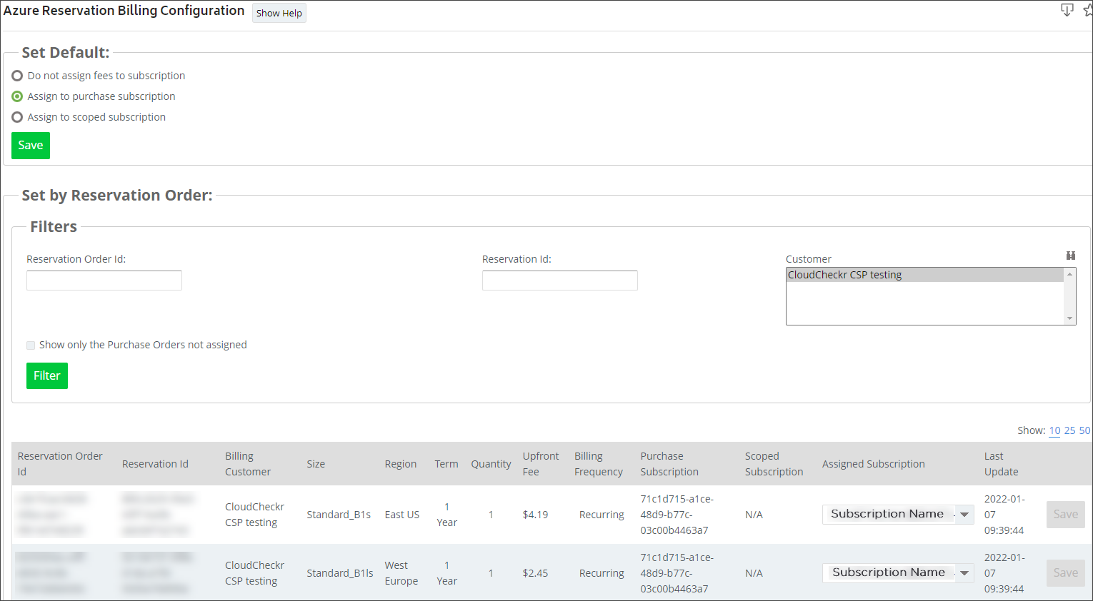 Azure Reservation Billing Configuration page.