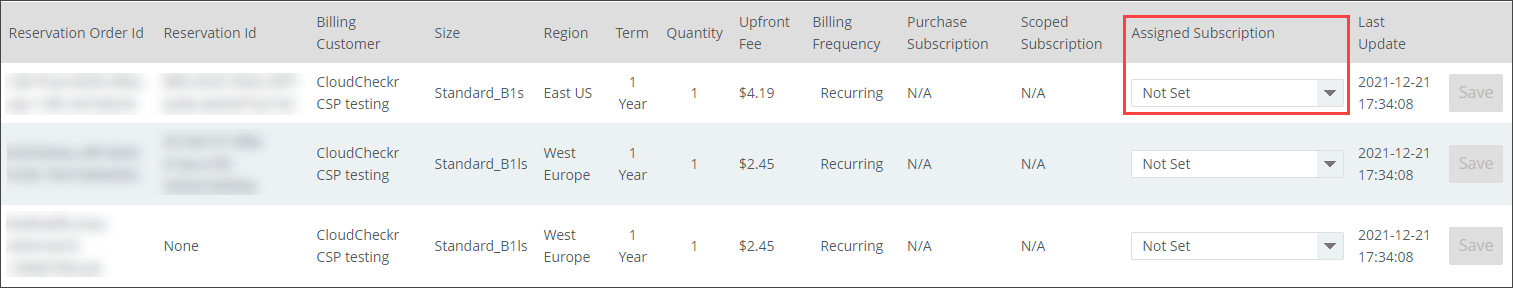 Not Set subscription selection on the Azure Reservation Billing Configuration page.