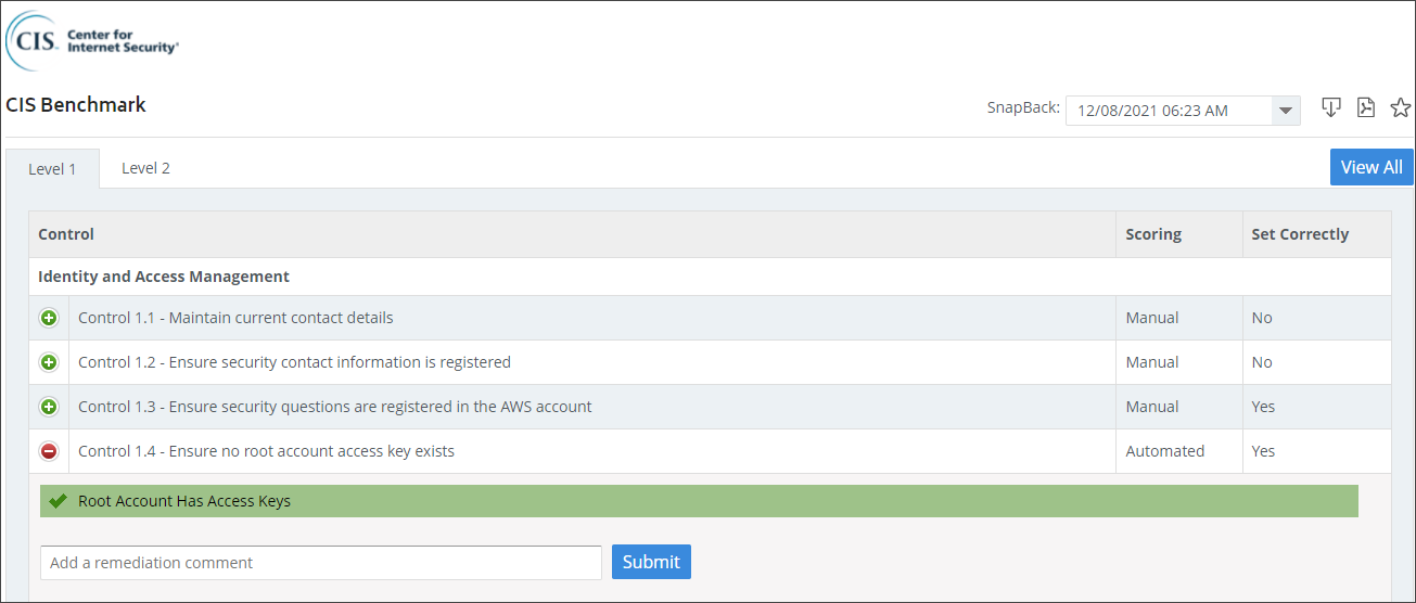 CIS Benchmark report with a control expanded.