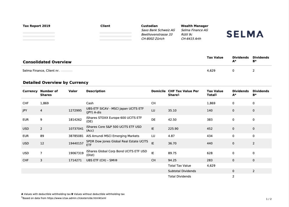 Tax Report - Investing with Selma | FAQ, help & support