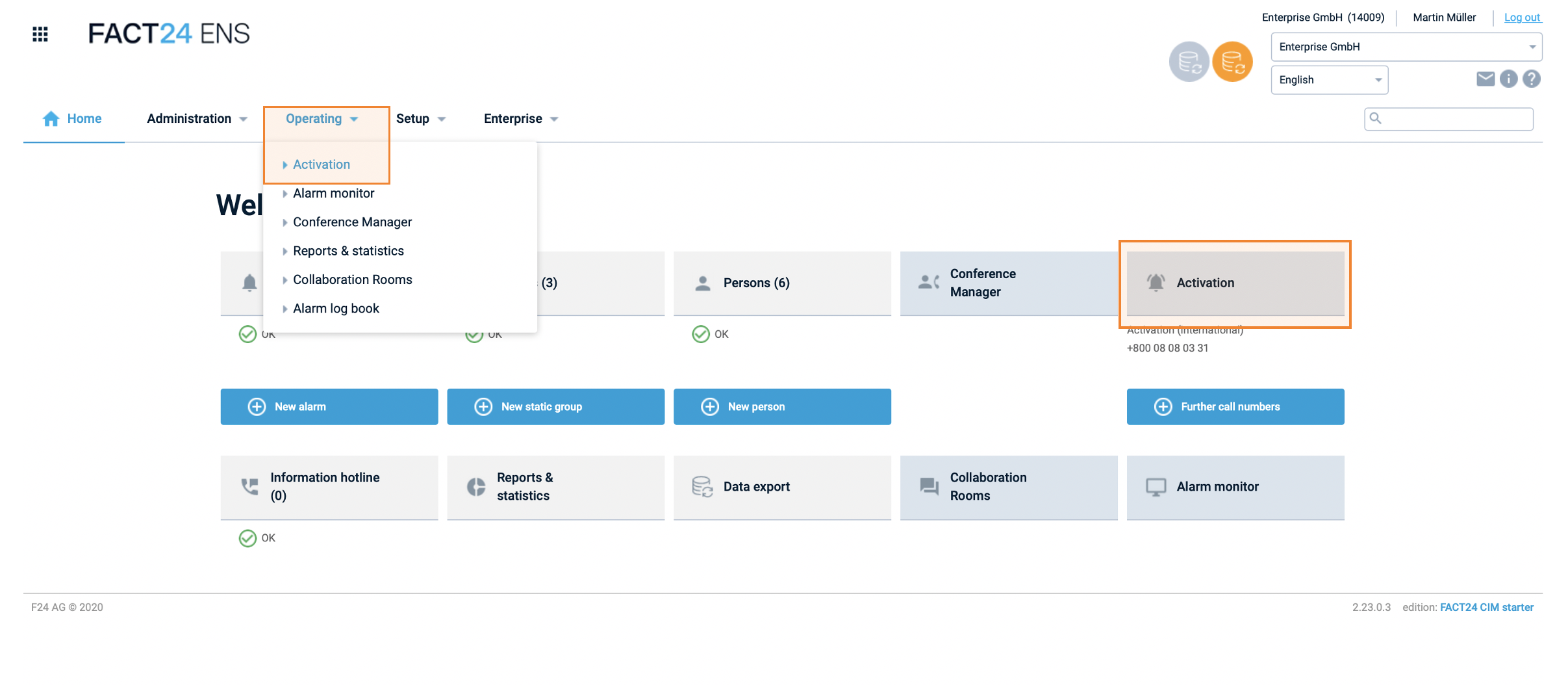 Fig.: Alarm activation via FACT24 web interface