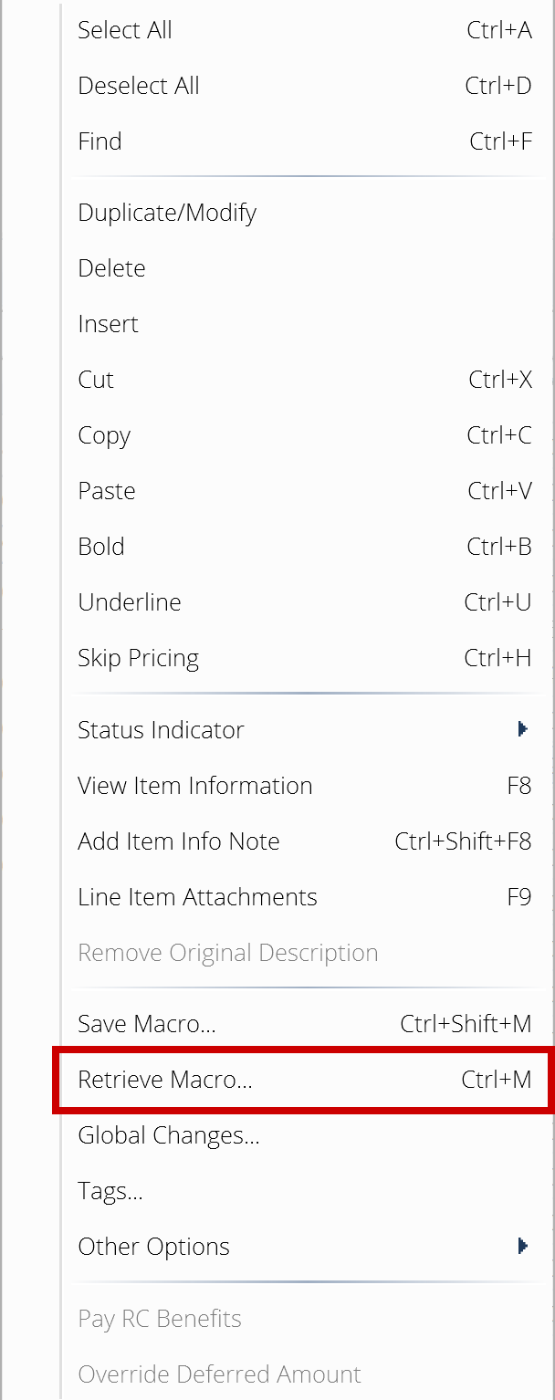 Right-click menu with Retrieve Macro highlighted