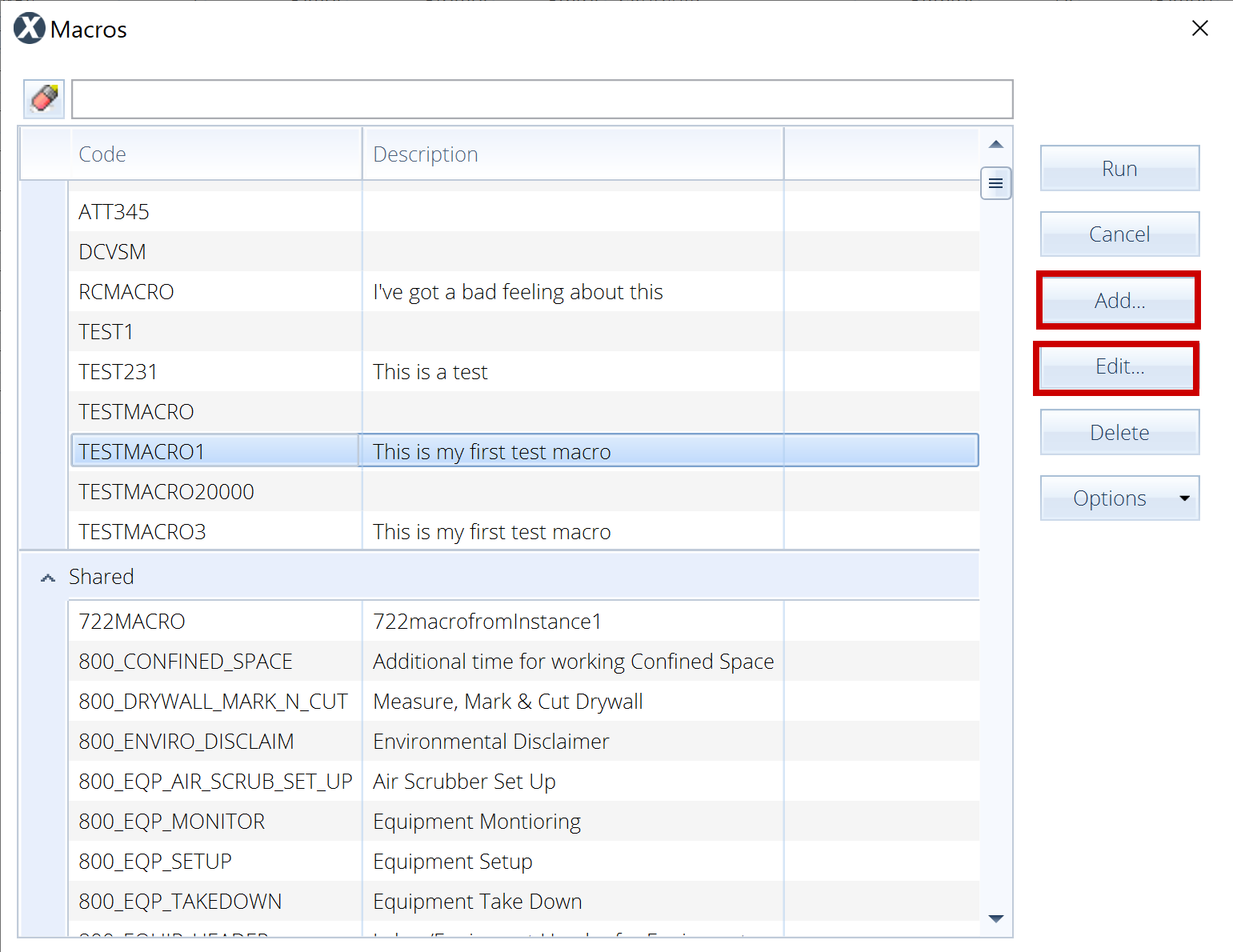 Macro window with Add and Edit highlighted