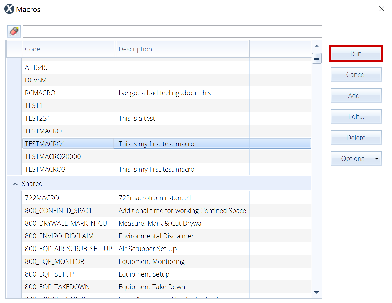 Macros window with Run highlighted