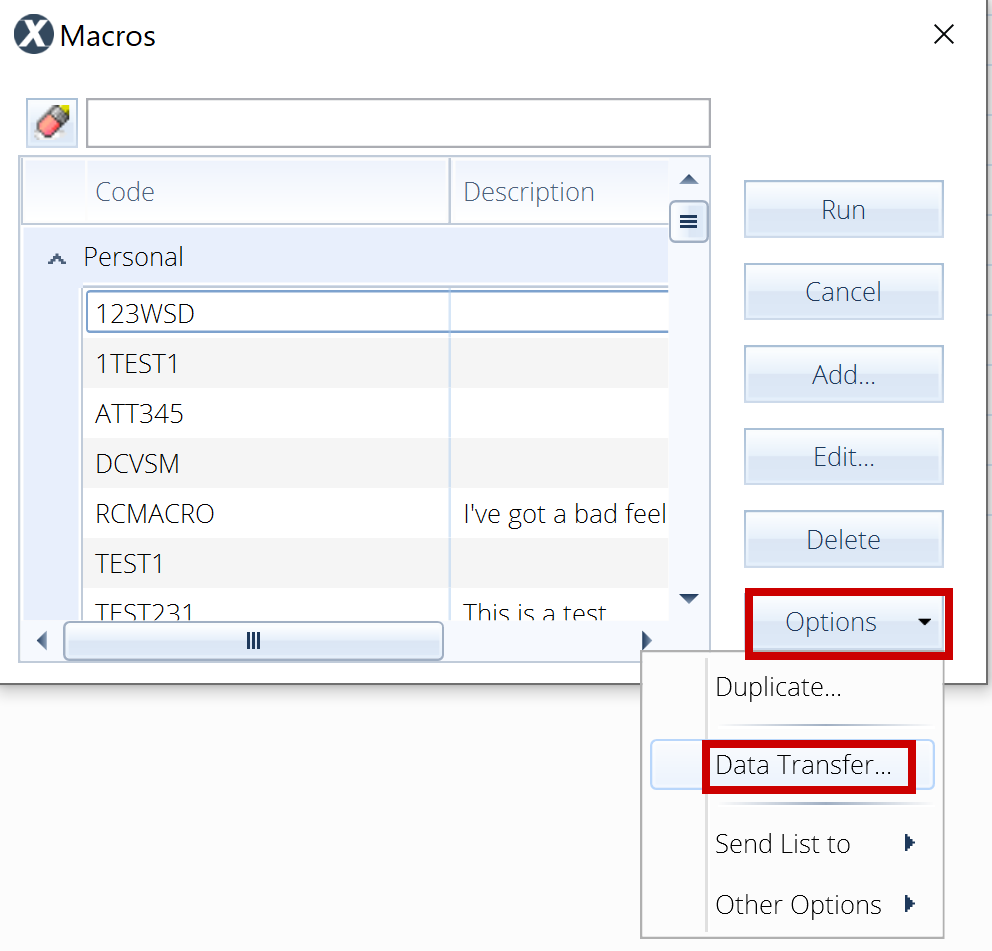 Data transfer in the Macros window