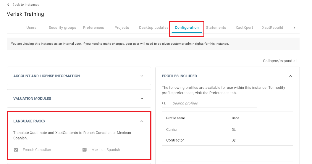 Language packs box in the Configuration tab