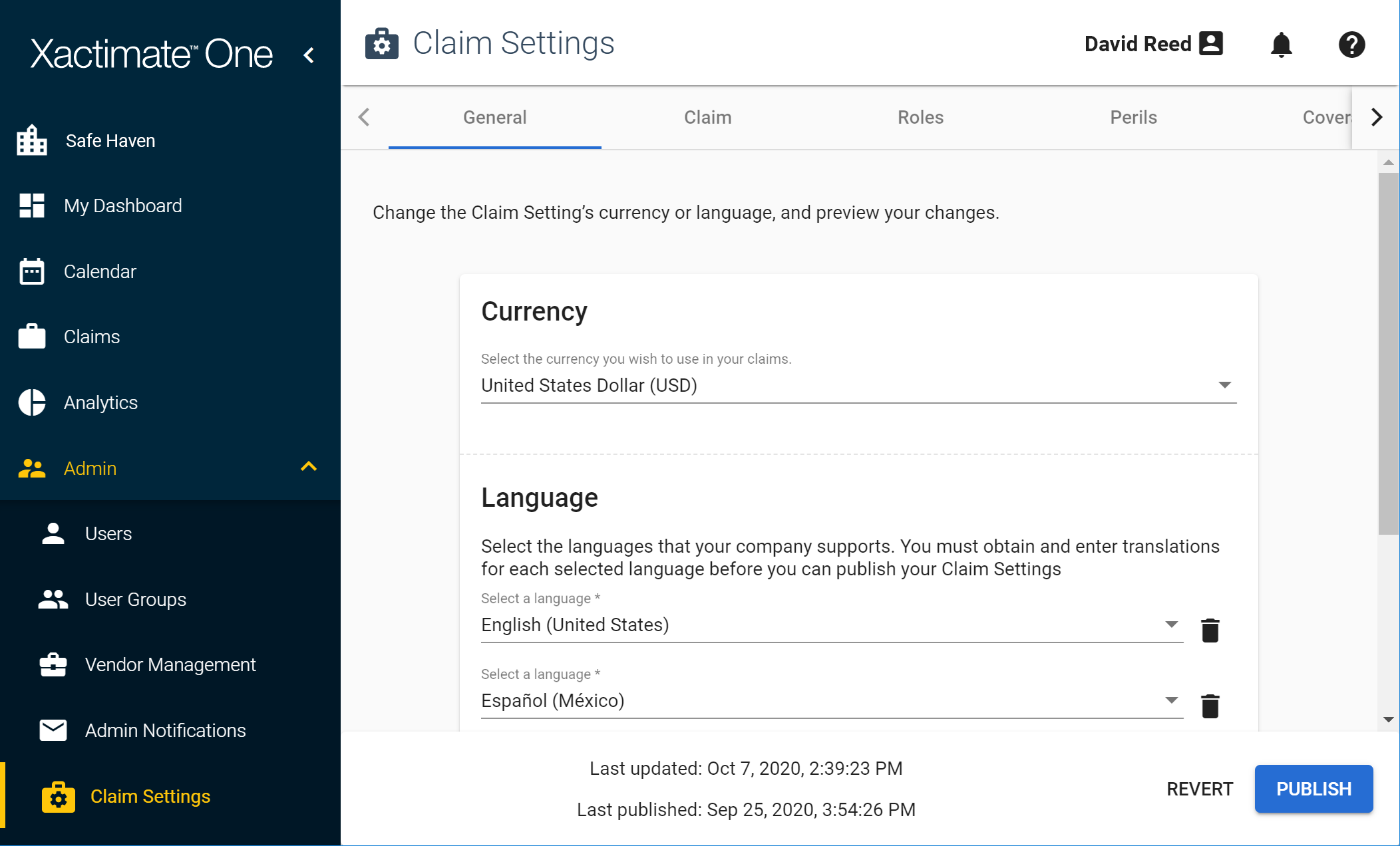 Claim Settings page