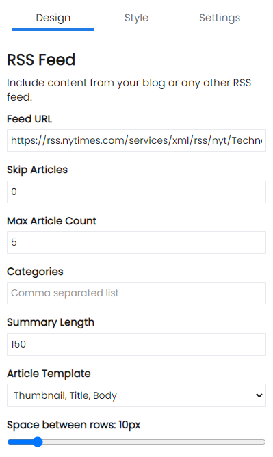 Email RSS settings