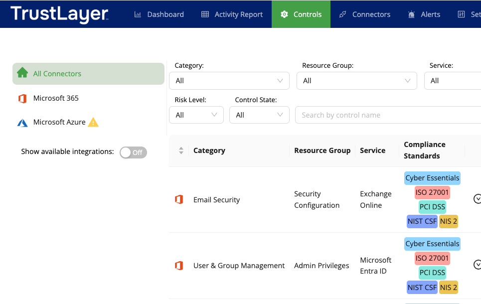 Connectors sidebar menu