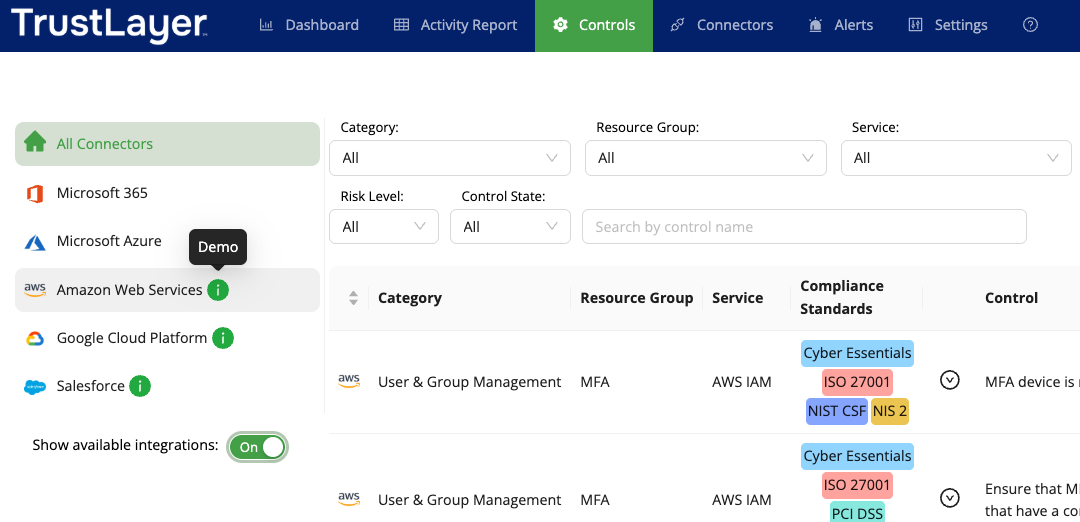 Show available integrations