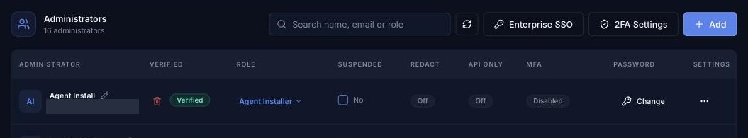 Enterprise SSO button on the Administrators page