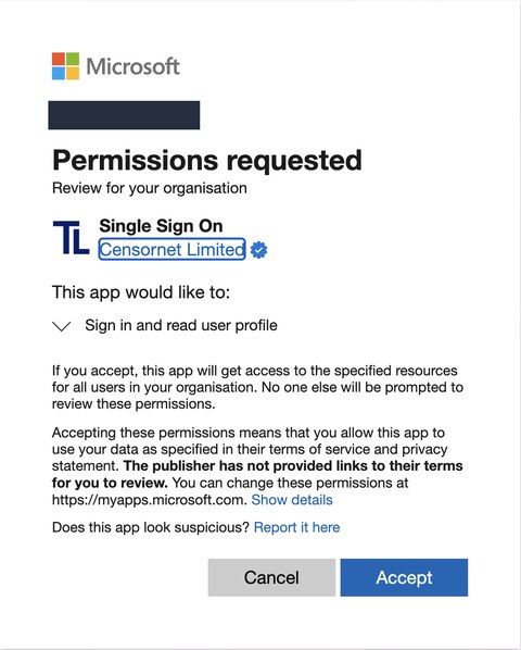 Microsoft Permissions requested page for the Single Sign On app