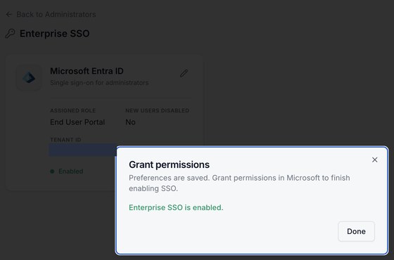 Enterprise SSO is enabled confirmation in the console