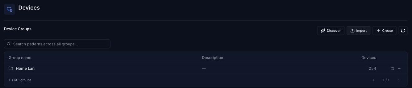 Devices page with Discover, Import and Create buttons