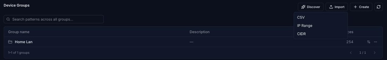 Import menu with CSV, IP Range and CIDR options
