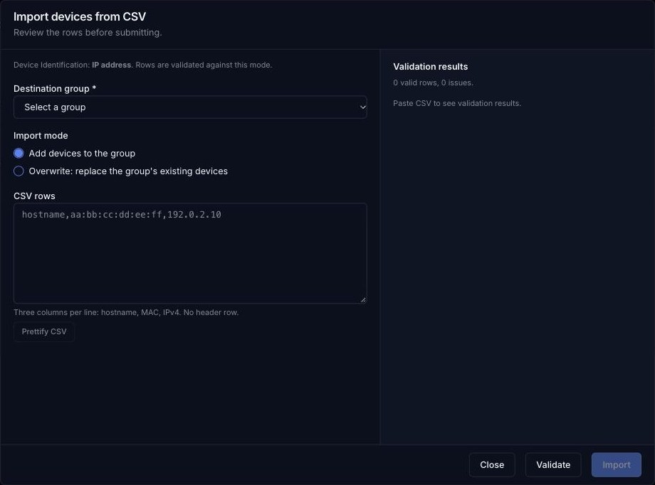 Import devices from CSV dialog