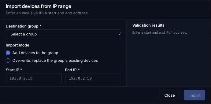 Import devices from IP range dialog