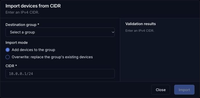 Import devices from CIDR dialog
