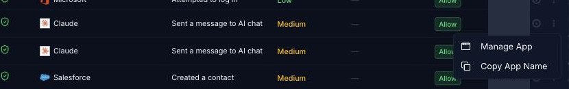 Row menu with Manage App and Copy App Name