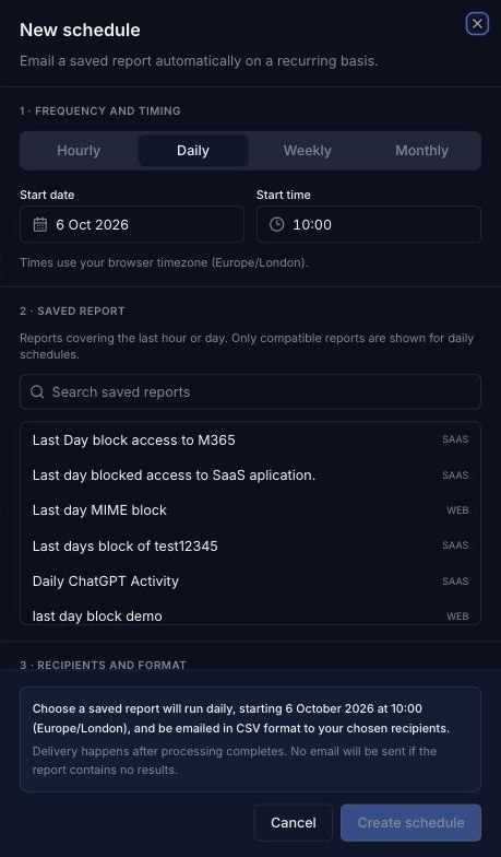New schedule panel: frequency and saved report
