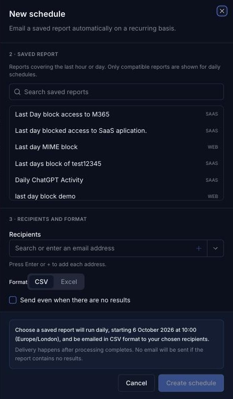 New schedule panel: recipients and format