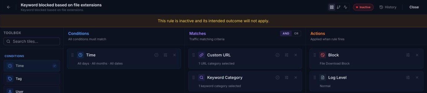 Rule editor showing the Inactive badge and banner