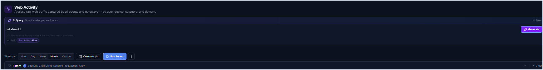 Web Activity with the AI Query box, time range and filters