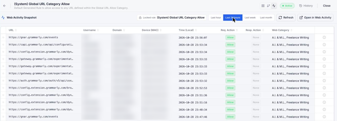 Web Activity Snapshot inside a rule, showing the traffic it matched in the last 24 hours