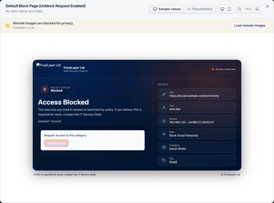 Preview of a block page template opened from inside a rule