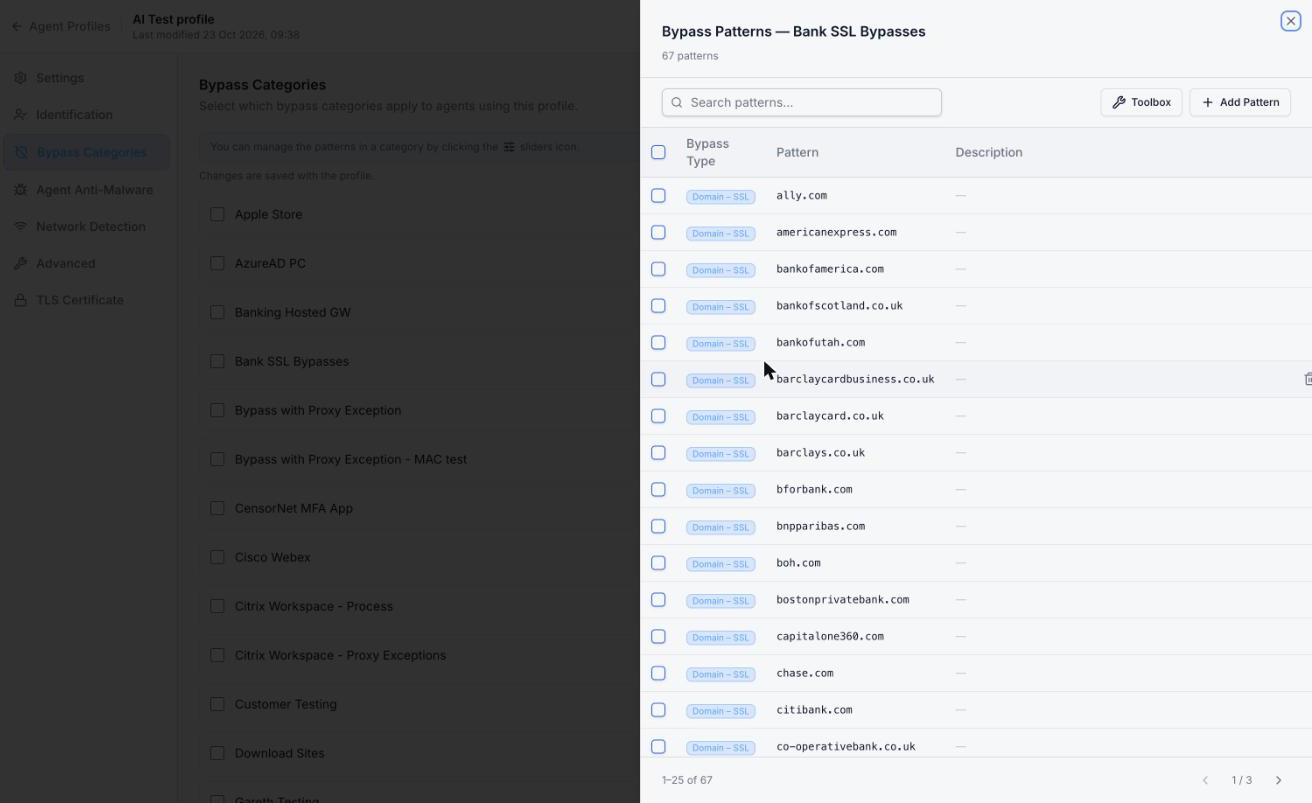 Bypass patterns for a category, opened from inside an agent profile