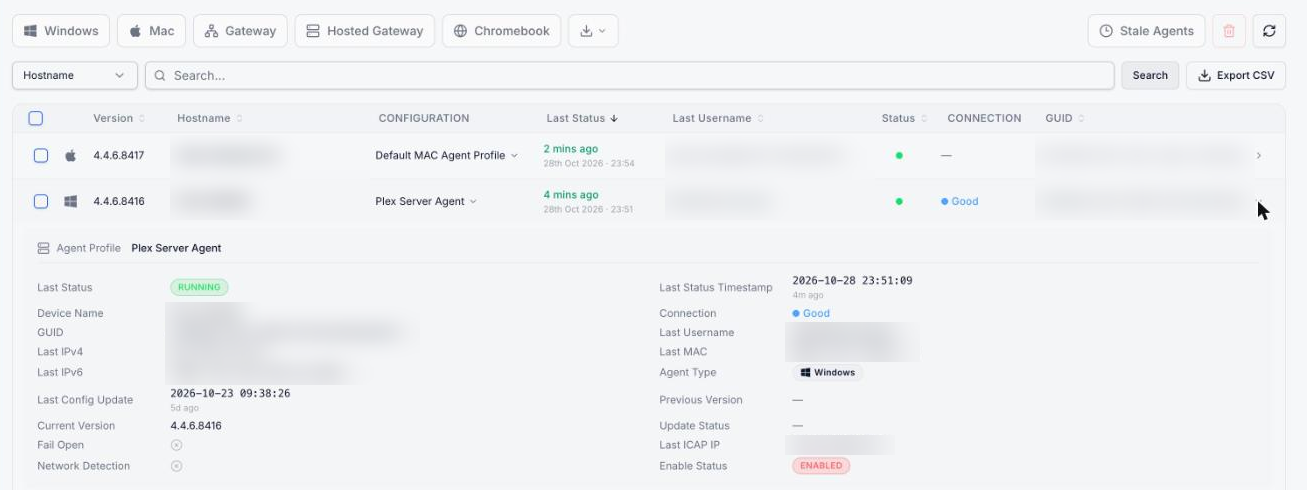 Deployment list with Export CSV, connection quality and an expanded agent details panel