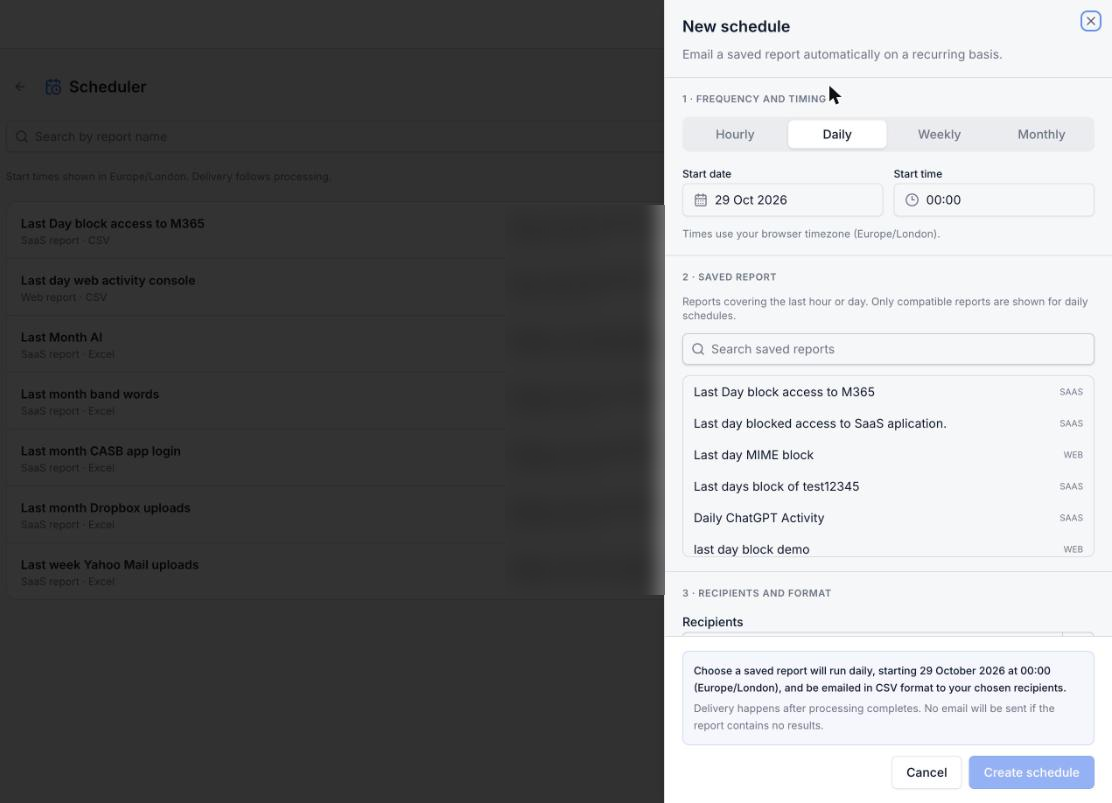 New schedule form in the Report Scheduler