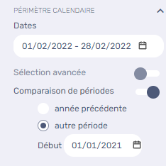 Option "Comparaison de périodes" du menu de Filtres des modules Fréquentation et Exploitation