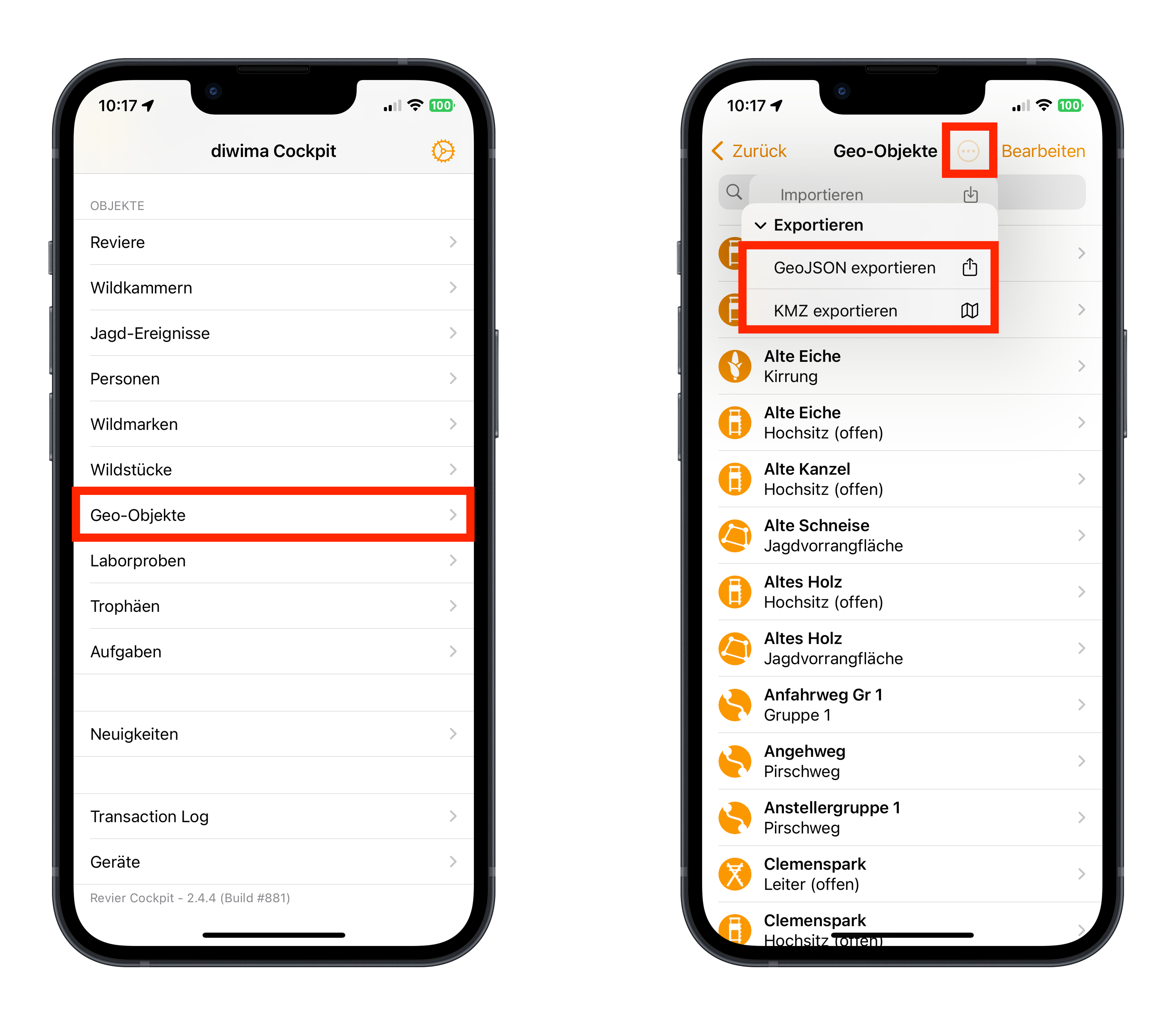 Zwei iPhone-Screenshots der Diwima-App: Links die Objektübersicht mit markiertem Menüpunkt „Geo-Objekte“, rechts die Liste der Geo-Objekte mit geöffnetem Export-Menü, das die Optionen „GeoJSON exportieren“ und „KMZ exportieren“ zeigt.