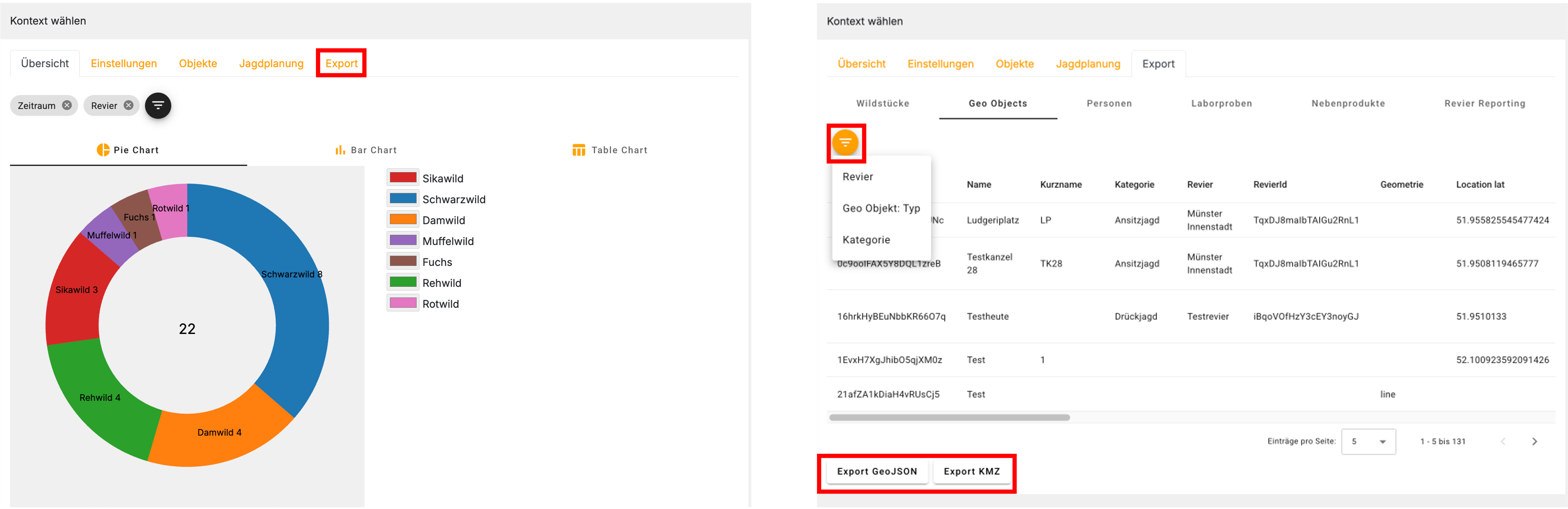 Diwima RevierCockpit mit Dashboard und Listenansicht für Export