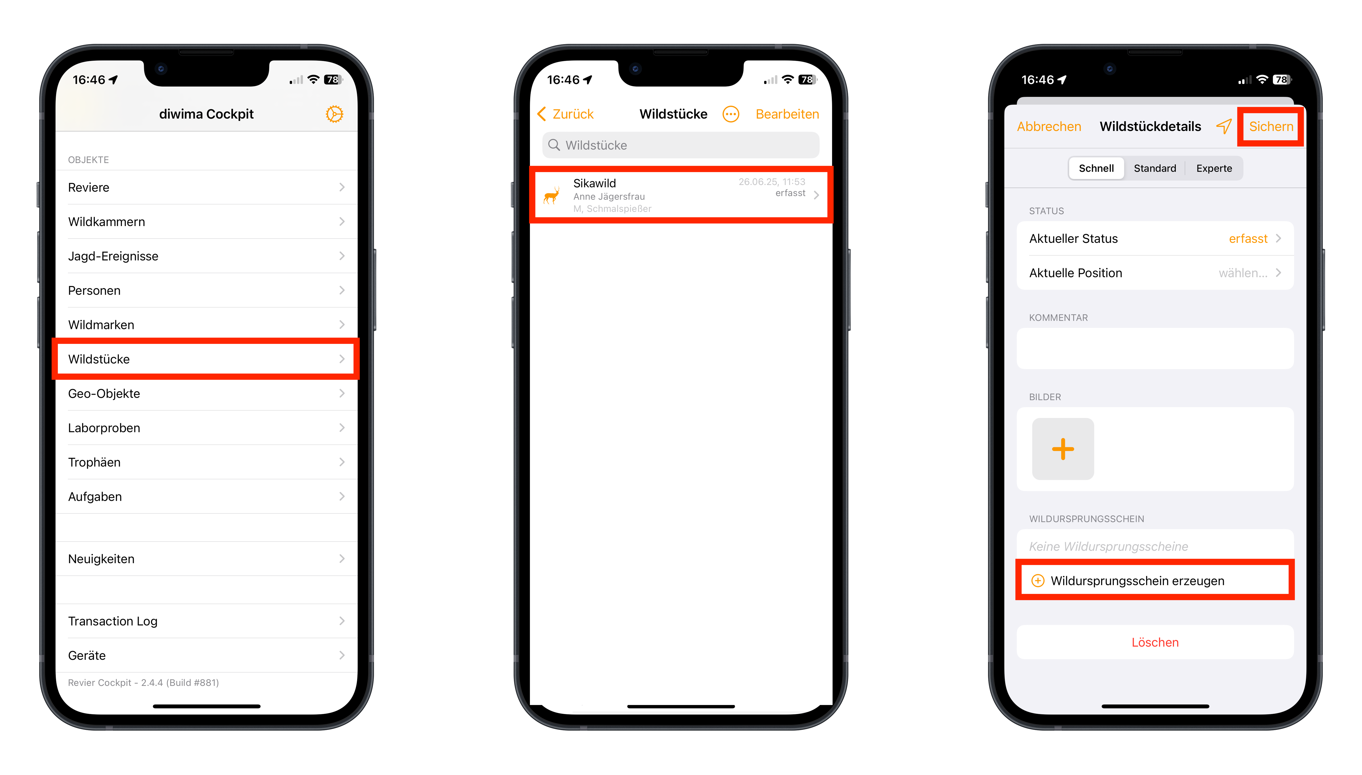 Drei Screenshots zeigen die Erstellung eines Wildursprungsscheins in der Diwima App auf einem iPhone. Im ersten Schritt wird im Hauptmenü die Kategorie „Wildstücke“ ausgewählt. Anschließend wird in der Übersichtsliste ein Eintrag mit dem Namen „Stückwild“ geöffnet. Im dritten Bildschirm wird die Detailansicht des Eintrags gezeigt, in der die Option „Wildursprungsschein erzeugen“ ausgewählt und oben rechts auf „Sichern“ getippt werden kann.