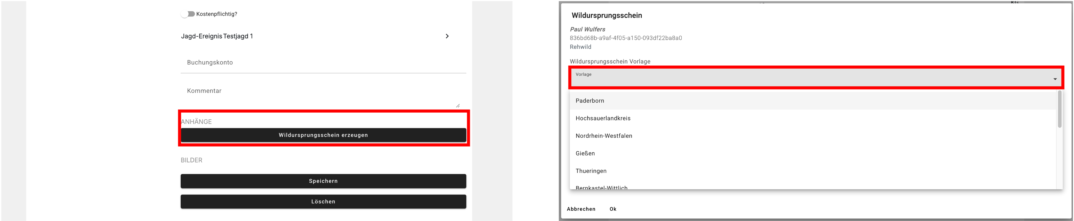 Maske im RevierCockpit WEB zur Auswahl der Vorlage des Wildursprunsscheins
