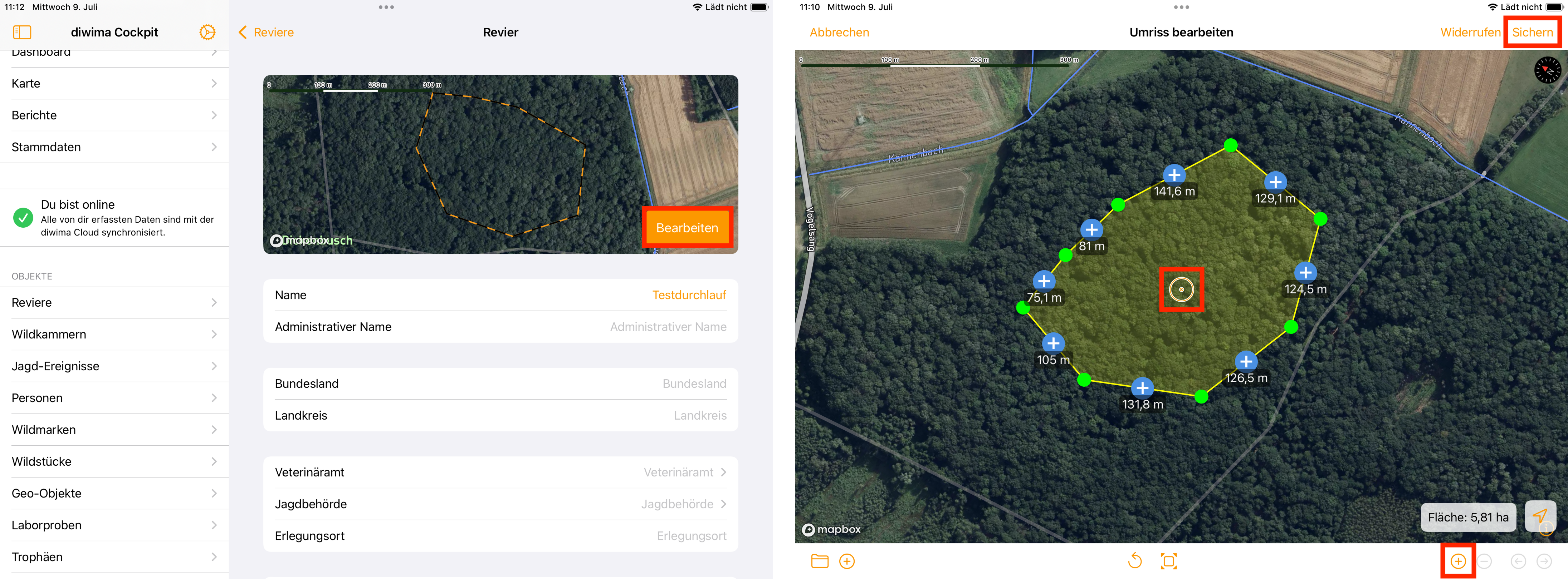 Zwei verbundene Screenshots der Diwima-App auf dem iPad zeigen den Prozess zum Bearbeiten und Speichern eines Revier-Umrisses. Links wird der Revierbereich mit einem orangefarbenen Umriss in der Kartenansicht angezeigt, daneben befindet sich ein „Bearbeiten“-Button. Rechts ist die Bearbeitungsansicht des Umrisses zu sehen, mit grünen Markierungspunkten und Messwerten entlang der Reviergrenze sowie einem hervorgehobenen „Sichern“-Button.