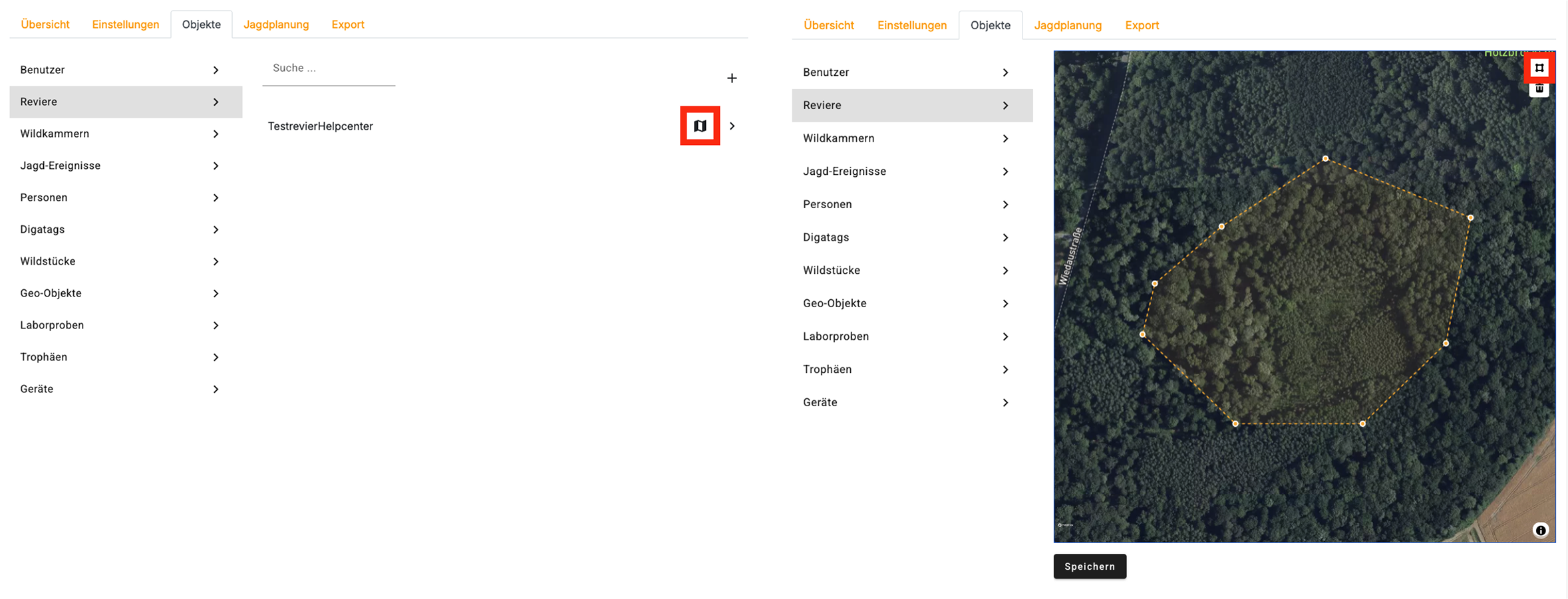 Zwei verbundene Screenshots der Webansicht von Diwima zeigen den Bearbeitungsprozess eines Reviers. Links ist die Objektübersicht mit der Kategorie „Reviere“ und einem ausgewählten Revier sichtbar. Ein Klick auf das Stift-Symbol öffnet rechts die Kartenansicht, in der ein Revierumriss mit orangefarbenen Markierungspunkten angezeigt wird. Ein Button mit Speichern-Option befindet sich unterhalb der Karte.
