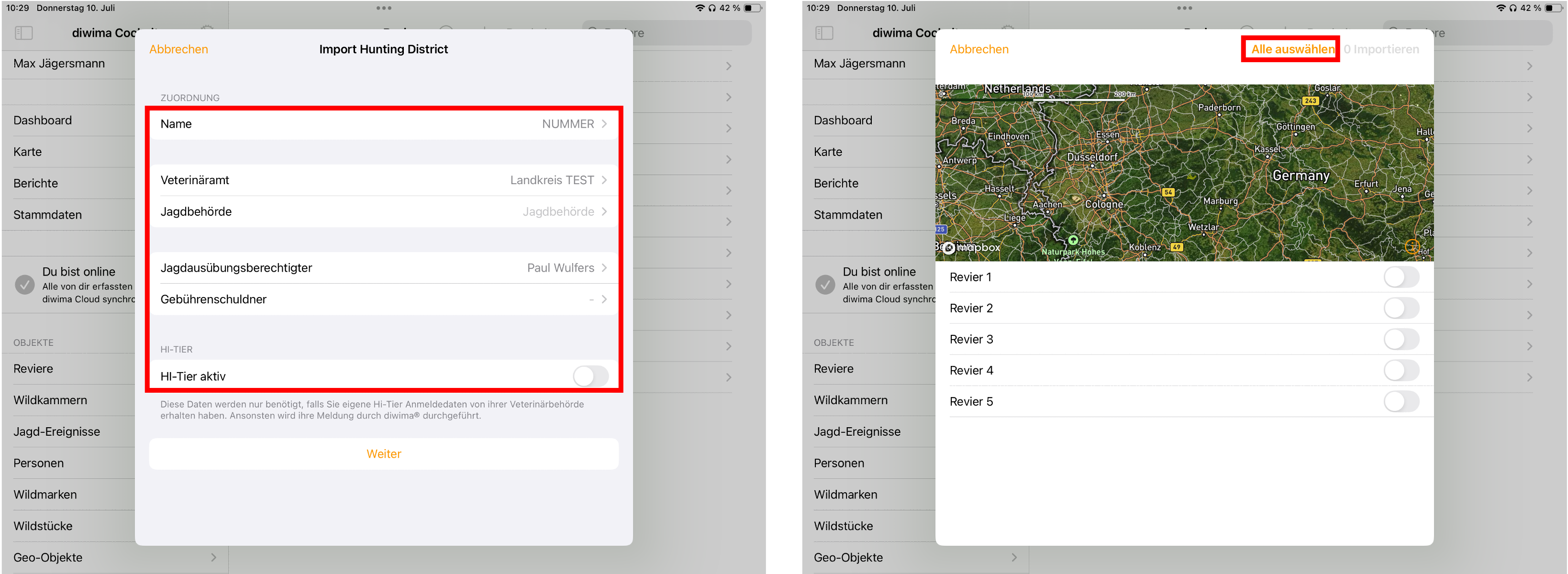 Importmaske im Diwima Cockpit zur Auswahl von Revierdaten mit aktivierter Umschaltfläche und Import-Button oben rechts.