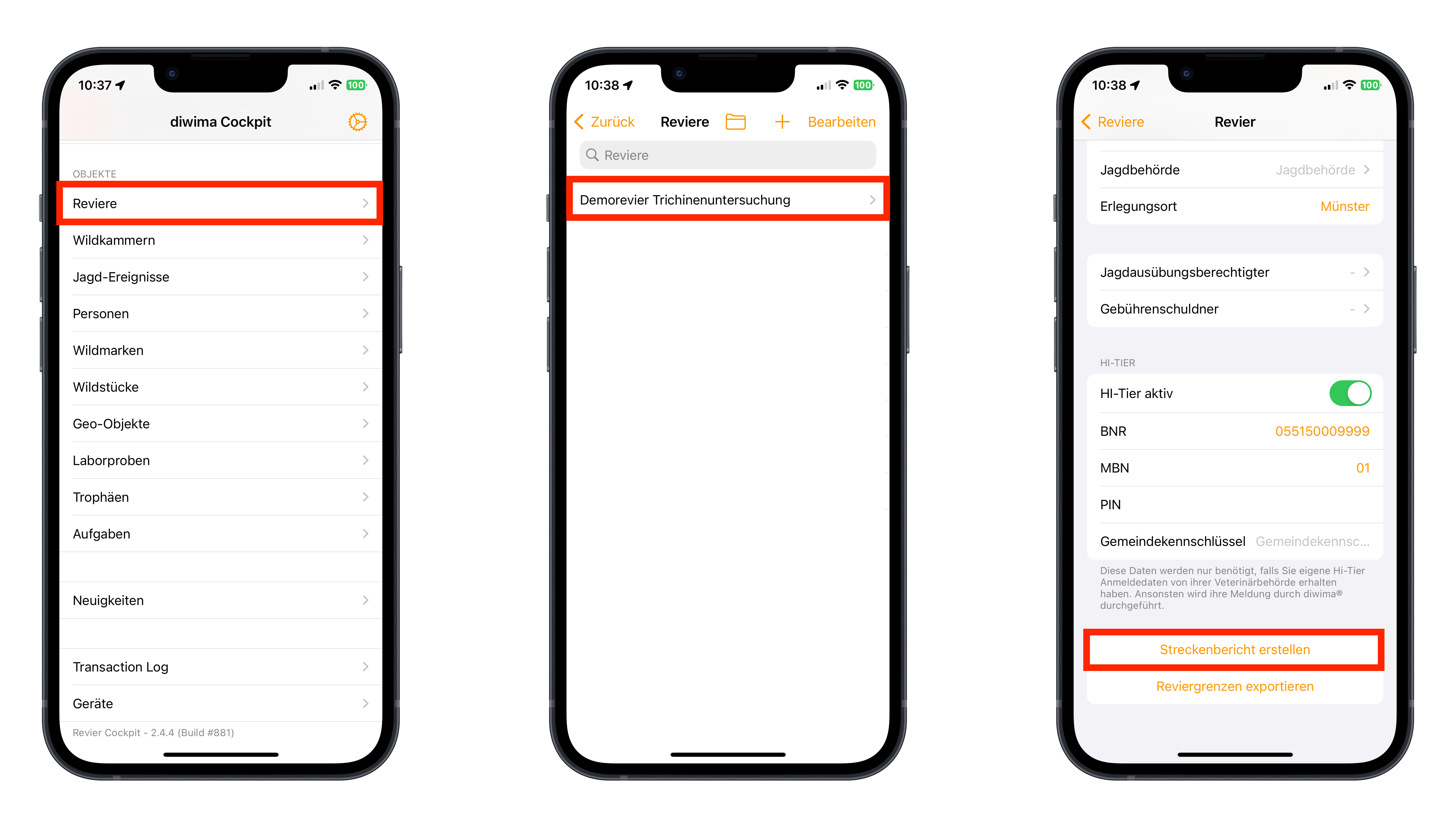 Drei iPhone-Screenshots der Diwima-App: Links die Objektübersicht mit markiertem Menüpunkt „Reviere“, in der Mitte die Auswahl eines Demoreviers, rechts die Detailansicht des Reviers mit aktivierter HI-Tier-Funktion und hervorgehobener Schaltfläche „Streckenbericht erstellen“.