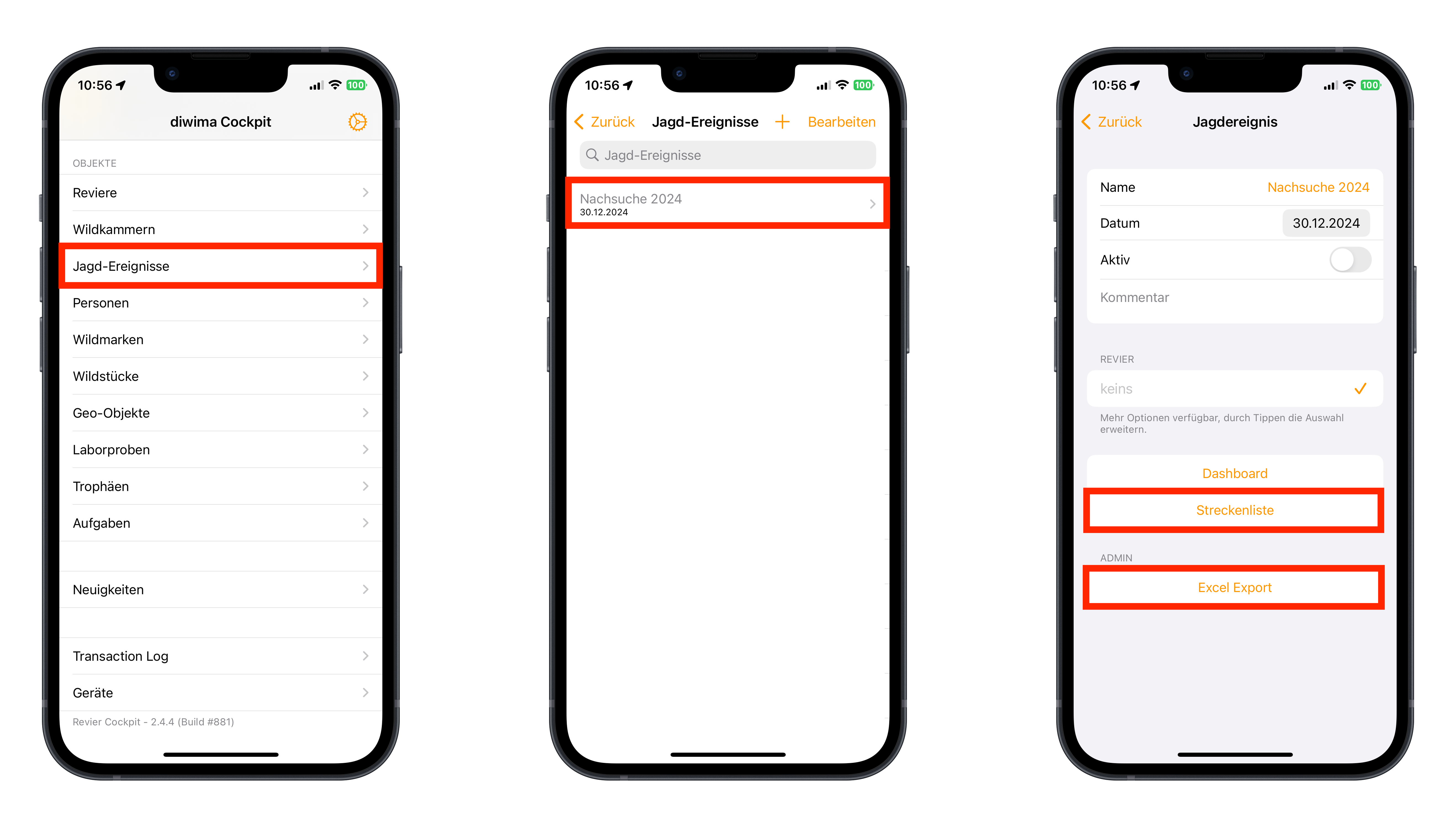 Drei iPhone-Screenshots aus der Diwima-App: Links die Startansicht mit markiertem Menüpunkt „Jagd-Ereignisse“, in der Mitte die Übersicht mit dem Eintrag „Nachsuche 2024“, rechts die Detailansicht des Ereignisses mit hervorgehobenen Optionen „Streckenliste“ und „Excel Export“.